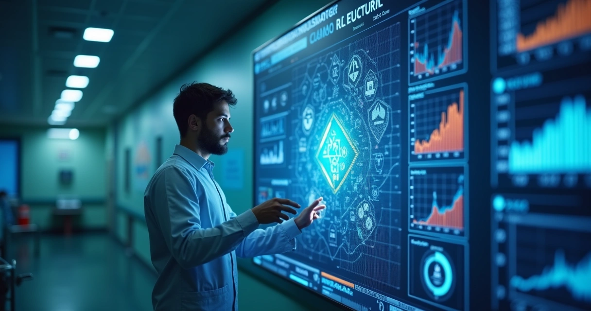 Profissional de saúde operando tela com gráficos digitais hospitalares 