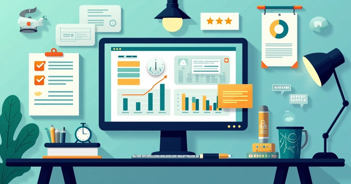 Tela de computador com gráficos coloridos de análises e notas de clientes 
