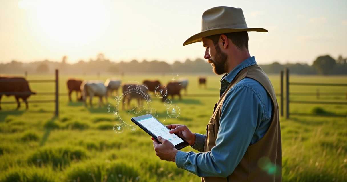 Produtor rural usando tablet para monitorar pastagem 