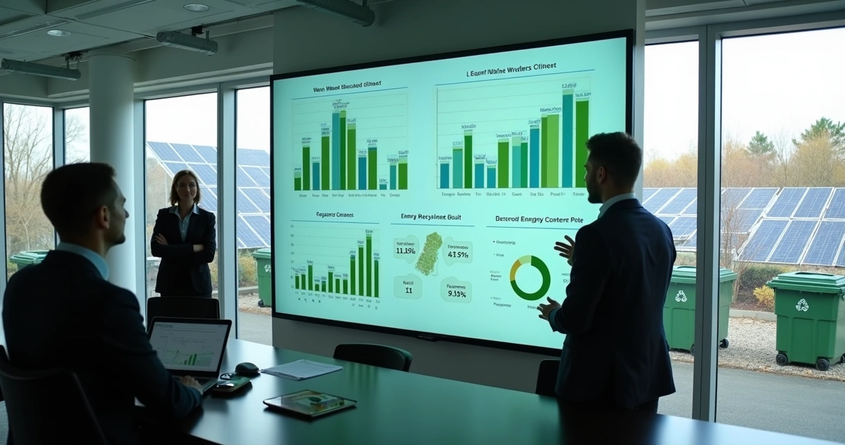 Tela digital mostra dados de energia e reciclagem em ambiente empresarial 