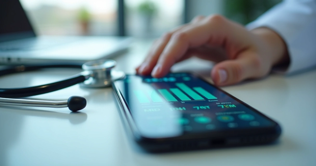 Tela de aplicativo de telemedicina com gráficos de monitoramento 