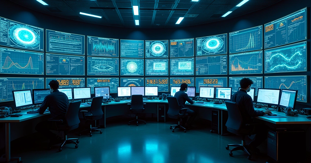 Sala de controle com telas exibindo gráficos de sensores e pessoas analisando dados 