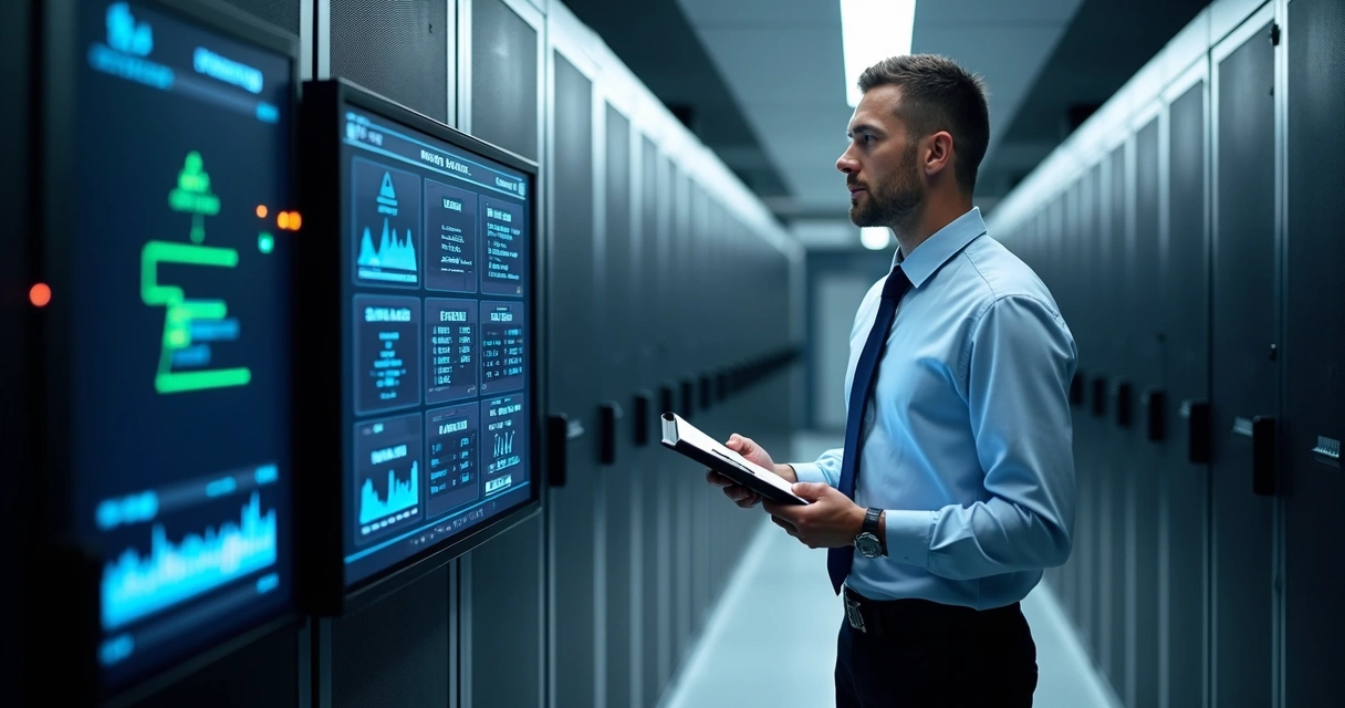 Técnico verifica painel de monitoramento de temperatura em data center. 