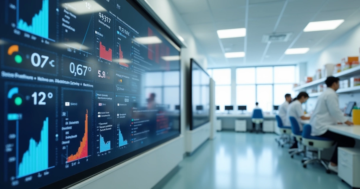 Tela de monitoramento digital indicando temperatura em tempo real em ambiente farmacêutico, com gráficos e alertas visíveis 
