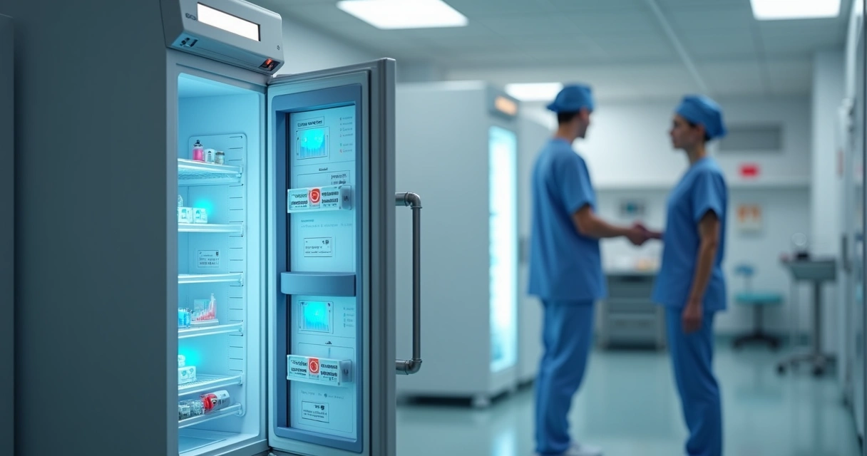 Sensores instalados en refrigerador hospitalario, pantalla mostrando datos de temperatura en tiempo real