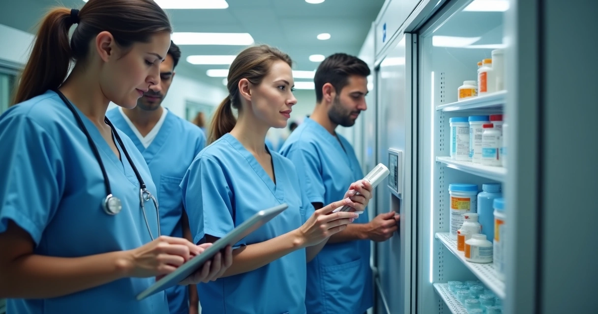 Equipe de profissionais monitorando temperatura de medicamentos em geladeira hospitalar 