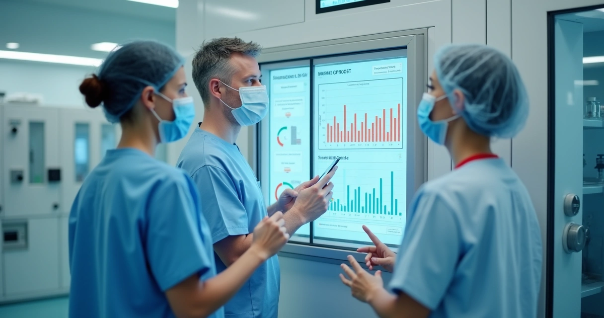 Equipo hospitalario verificando panel de monitoreo de la temperatura de vacunas