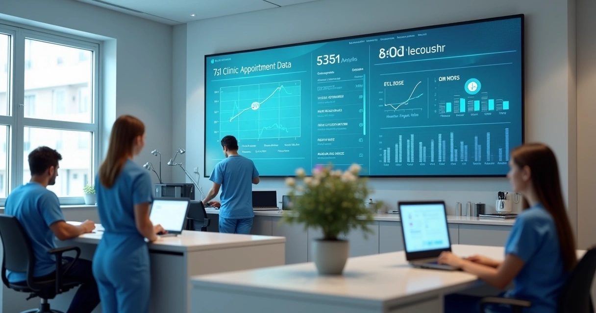 Painel digital na recepção da clínica mostrando agendamentos em tempo real 