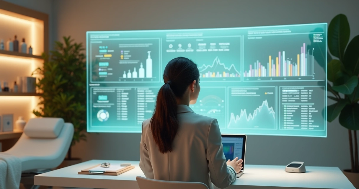Gestora de clínica de estética analisa painel digital de monitoramento em tempo real 