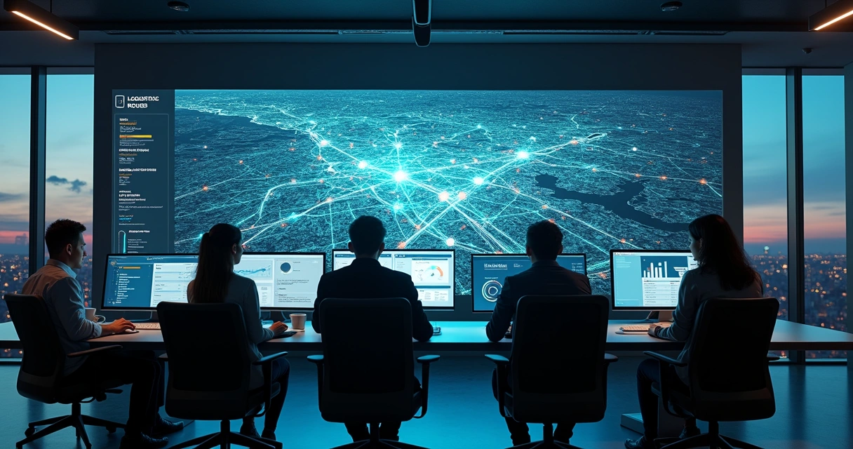 Central de operações monitora frota em tempo real em grande tela digital 