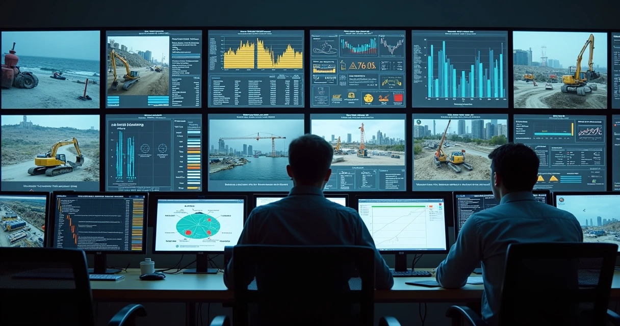 Sala de controle com telas mostrando obra em tempo real e alertas 