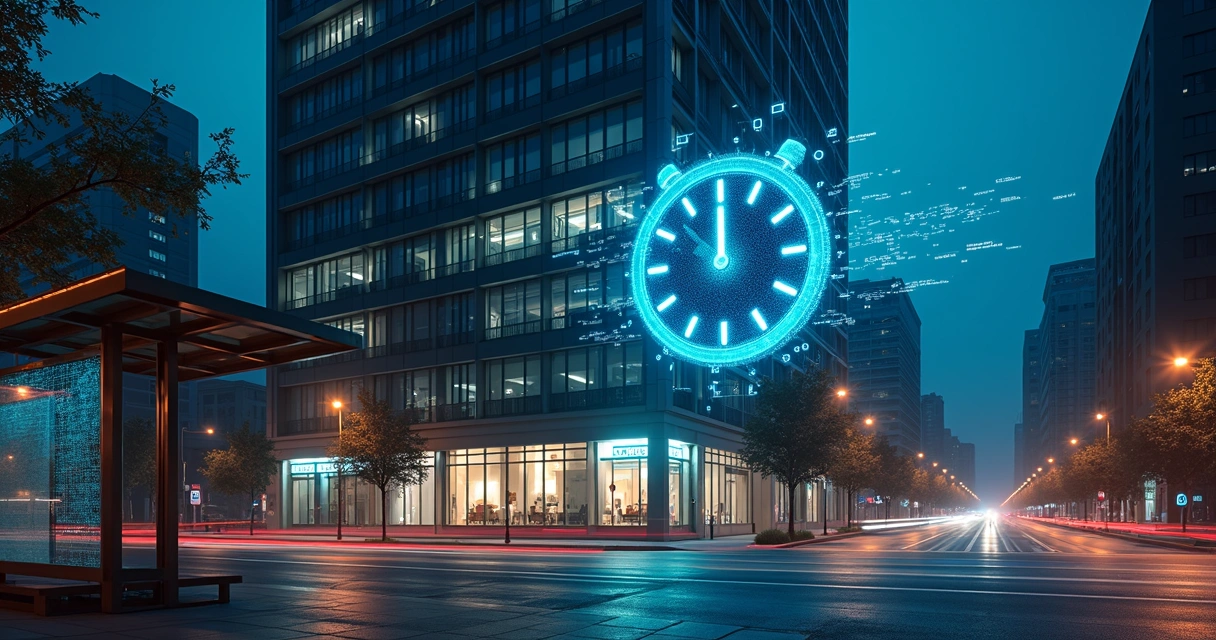 Relógio digital pairando sobre avenida com prédio comercial e dados luminosos 