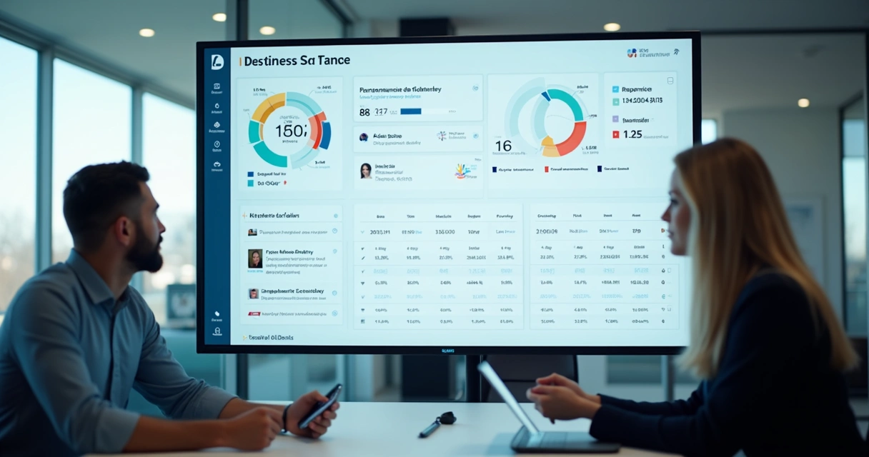 Painel digital da equipe imobiliária mostrando estatísticas de atendimento 