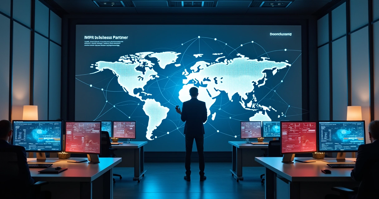 Painel digital exibindo monitoramento de parceiros em um escritório moderno