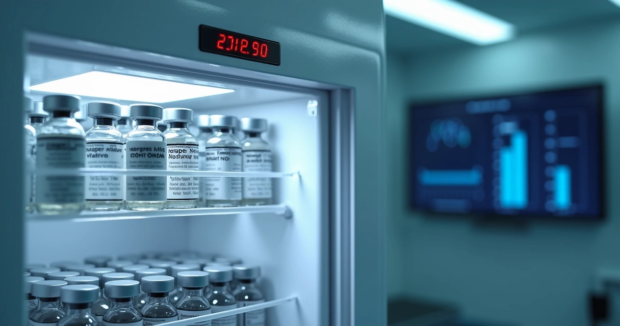 Termômetro digital e sensores IoT monitorando a temperatura de uma caixa térmica com vacinas armazenadas 
