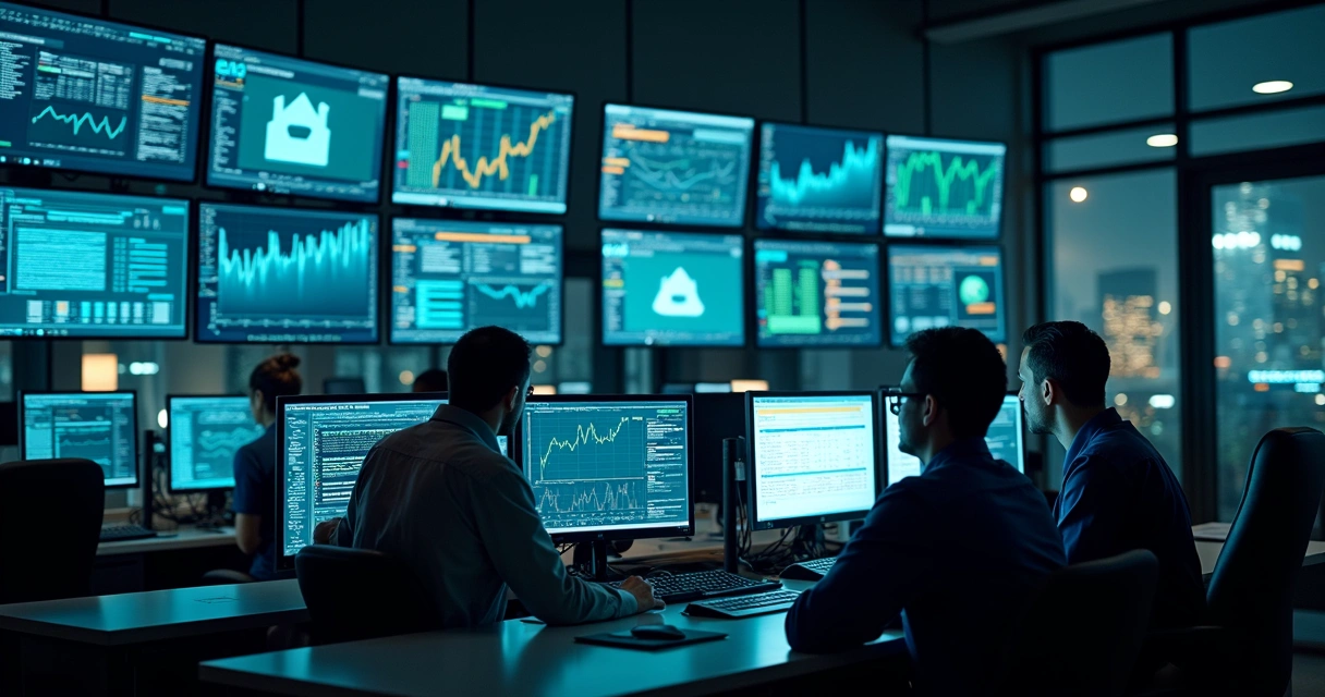 Central de monitoramento de TI com telas de computadores exibindo gráficos em tempo real