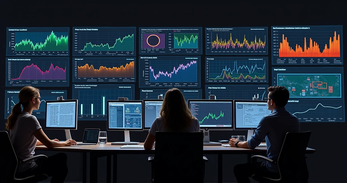 Tela de dashboard de monitoramento de TI com gráficos e alertas coloridos 