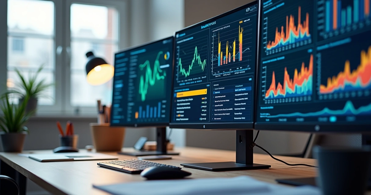 Painel de monitoramento de sistemas com gráficos em telas de computador. 