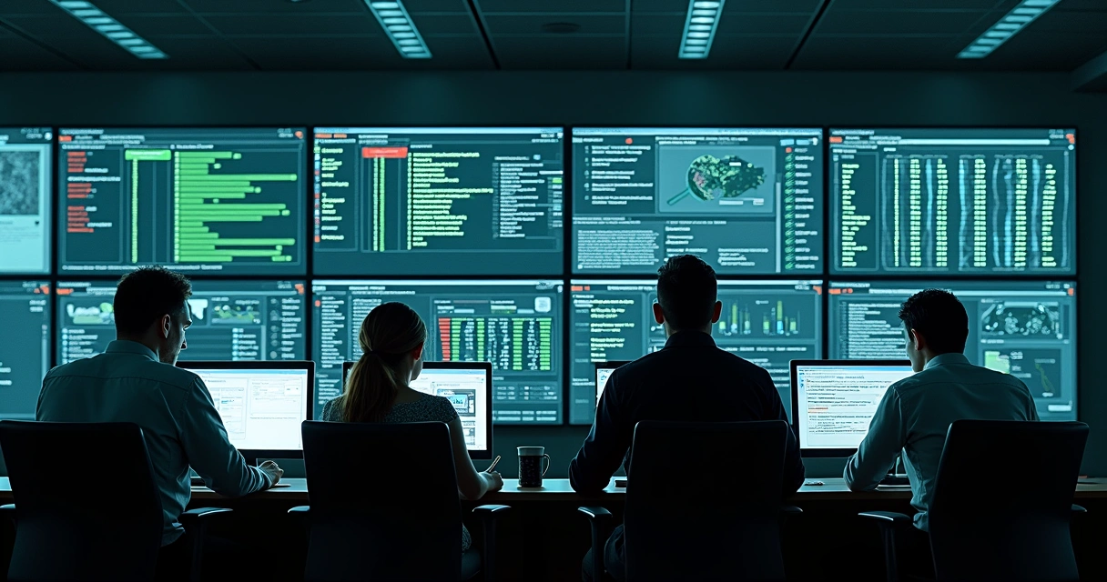 Equipe de TI monitorando múltiplas telas com alertas e registros de acessos 