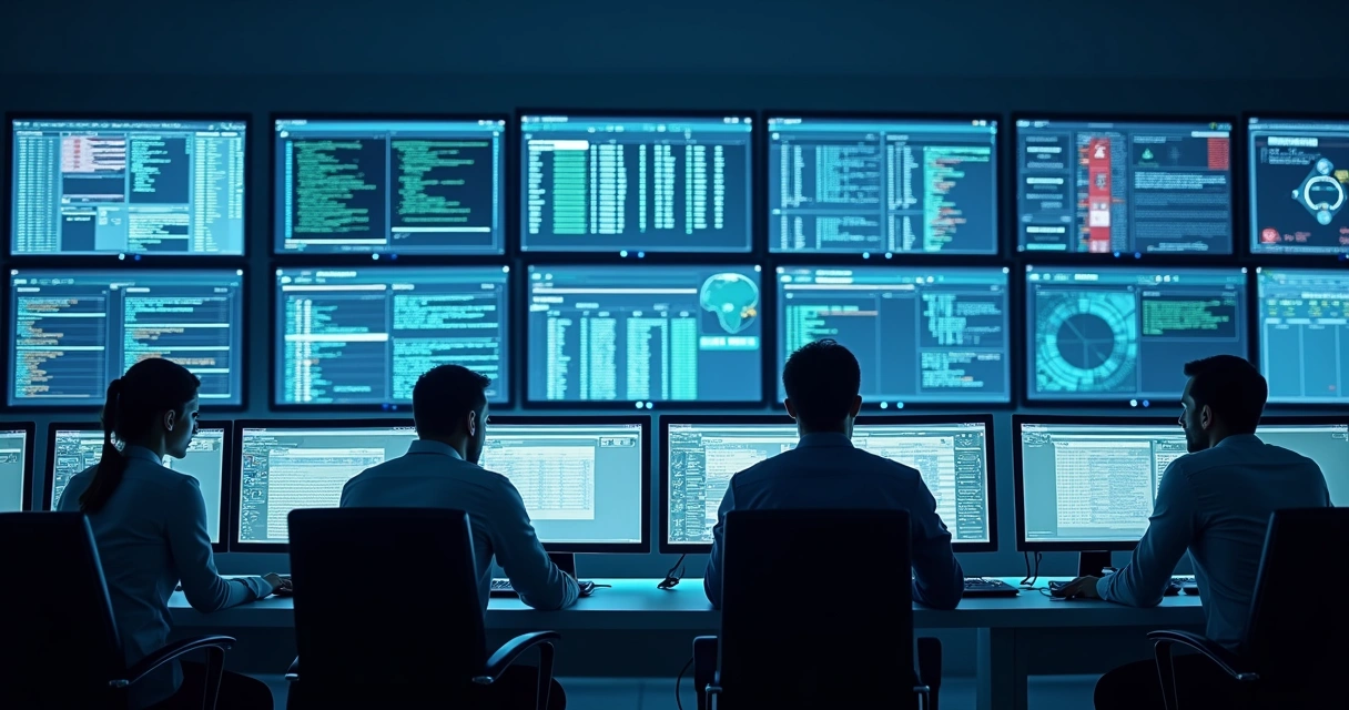 Equipe de TI monitorando servidores e computadores em tempo real em um escritório. 