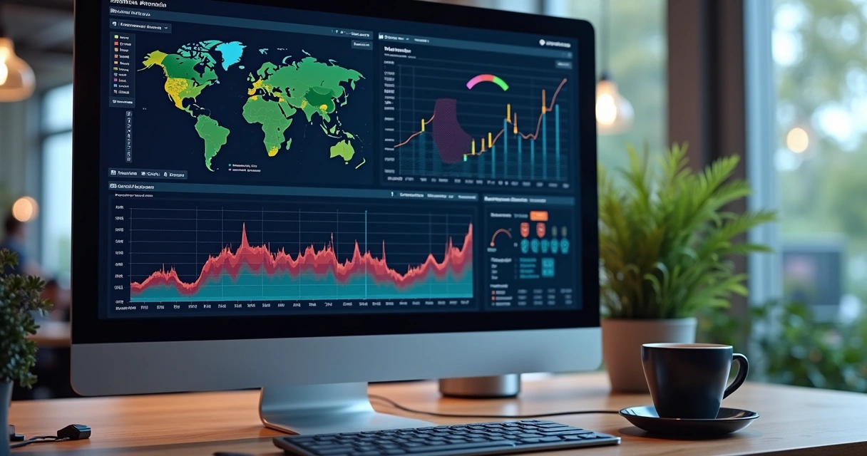 Painel de monitoramento de TI com gráficos e alertas em tela moderna 