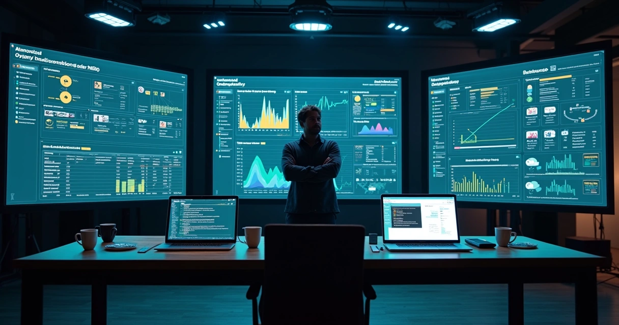 Painel com três abordagens de monitoramento de TI comparadas em telas digitais 