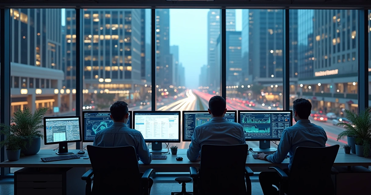 Profissional de TI monitorando computadores em ambiente de escritório na Avenida Paulista 