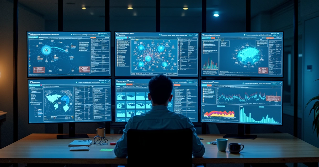 Telas com dashboards de monitoramento de TI em ambiente corporativo 
