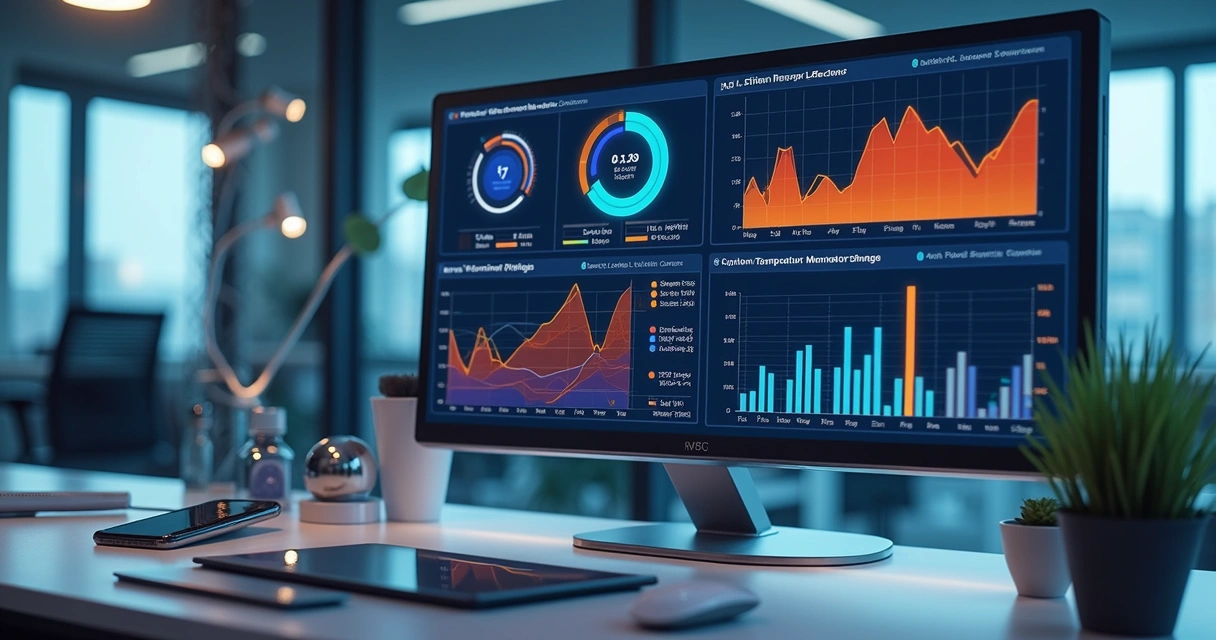 Tela de computador exibindo dashboard com gráficos de monitoramento em tempo real de insumos sensíveis à temperatura 