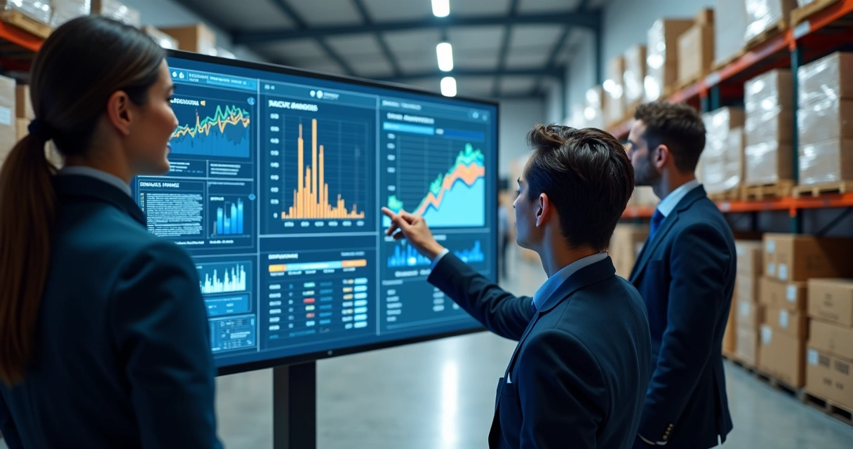 Equipe de logística monitora telas digitais em operação automatizada 