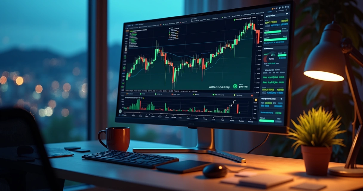 Monitor de computador com gráfico financeiro sendo acompanhado. 