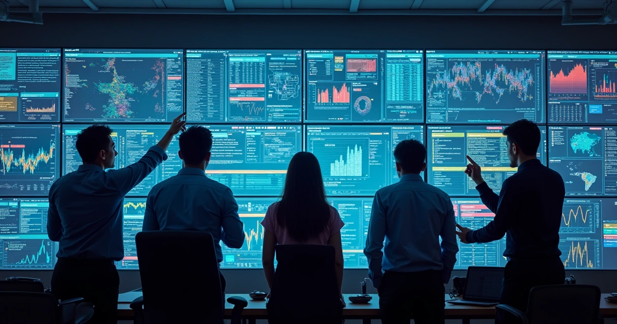 Equipe analisando dados em uma grande tela com gráficos de monitoramento transacional 
