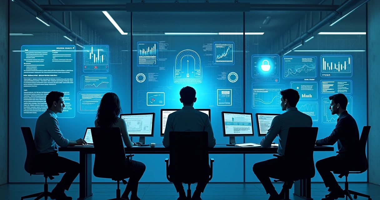 Equipe monitora transações digitais em múltiplas telas com gráficos de segurança. 