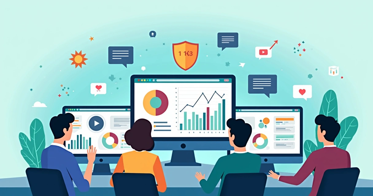 Ilustração corporativa plana mostrando análise de transmissões online e monitoramento de menções nas redes sociais para segurança de marca 