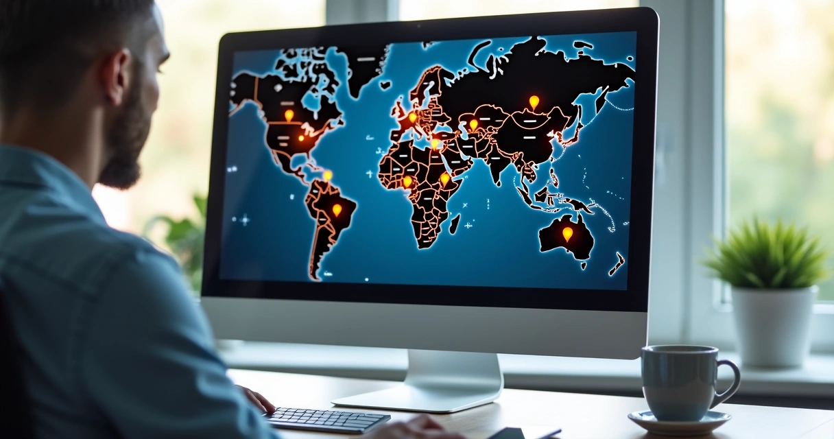 Tela de computador exibindo mapa com rotas de vans em tempo real 