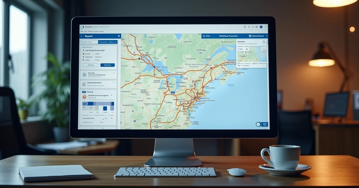 Painel de monitoramento de transporte empresarial com rotas digitais 