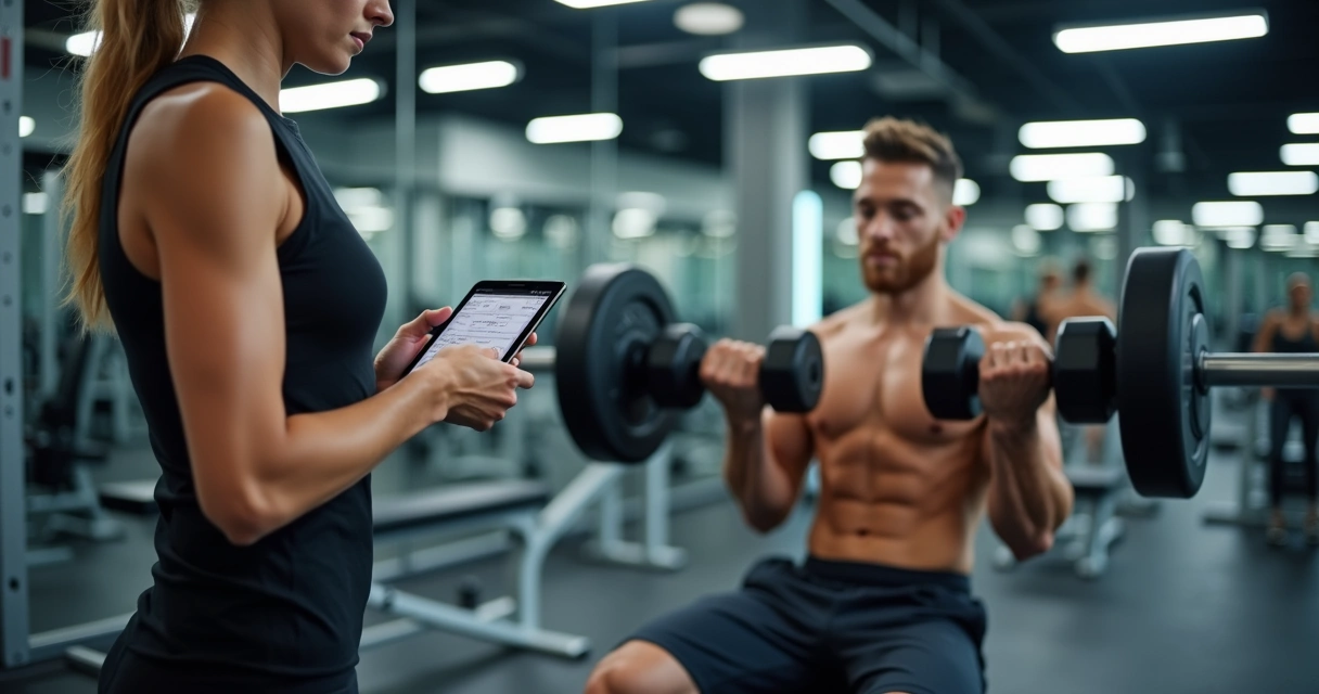 Personal trainer anotando cargas enquanto aluno treina com halteres 