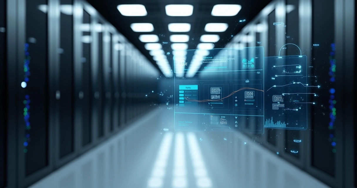 Sensores IoT monitorando umidade em corredor de data center moderno 