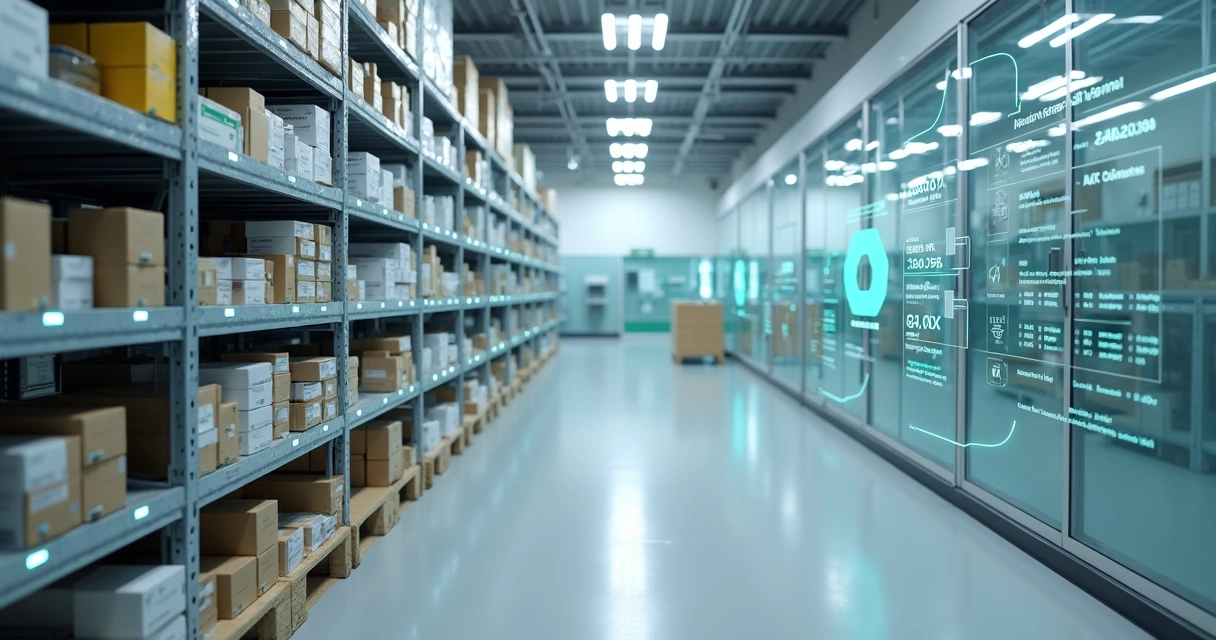 Sensores IoT de umidade e temperatura monitorando insumos em prateleiras industriais 