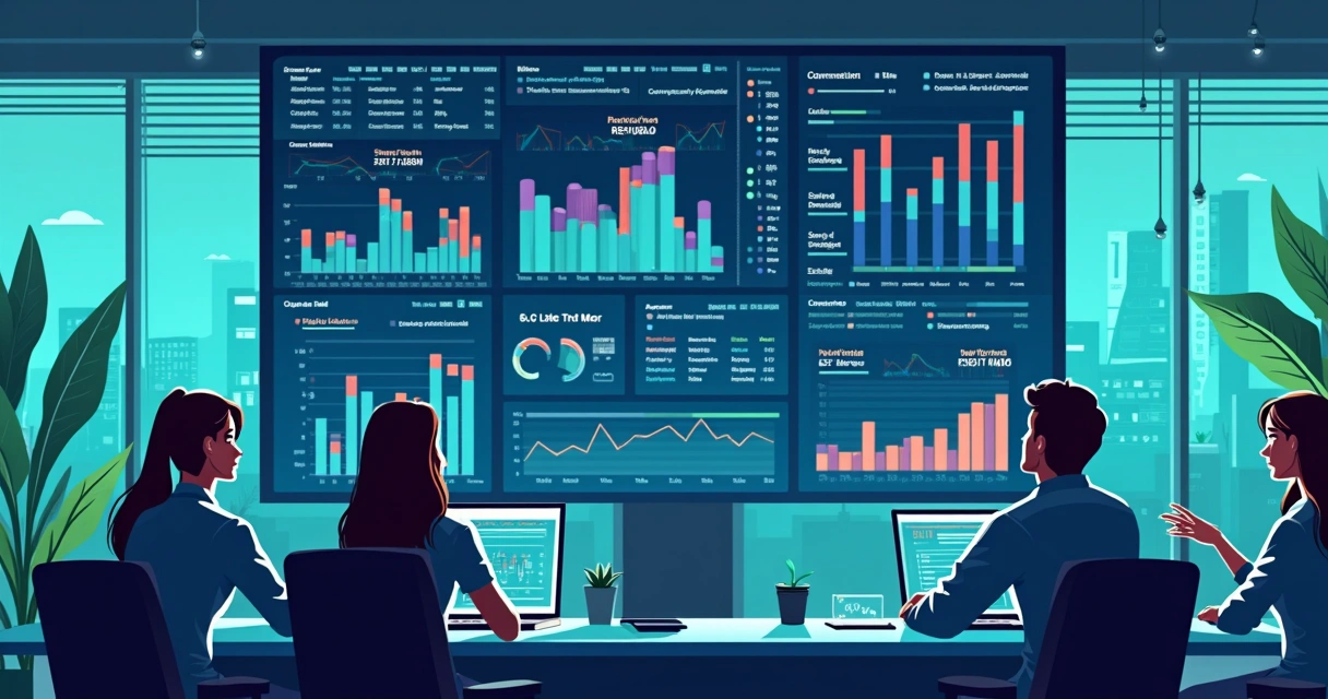 Dashboard colorido de monitoramento de uptime, com gráficos e barras projetados em tela grande 