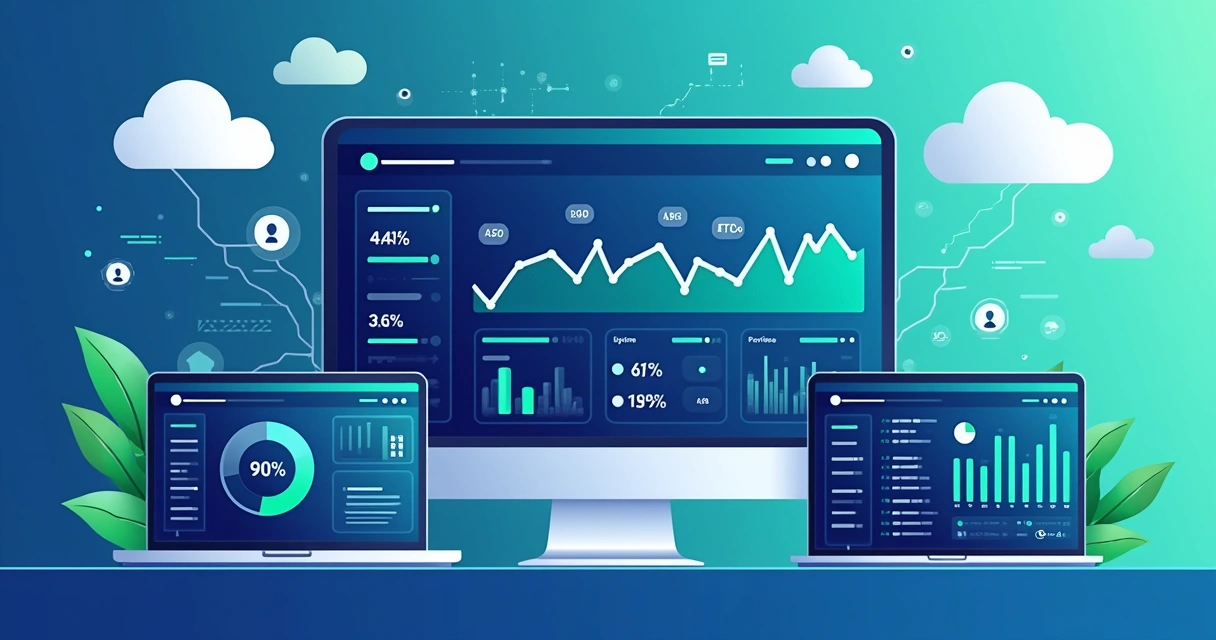 Ilustração corporativa de monitoramento de uptime mostrando telas com gráficos de desempenho de software SaaS em fundo azul claro 