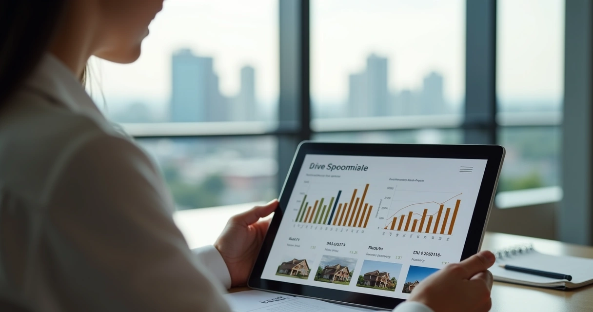 Pessoa analisando gráficos de valorização imobiliária em tablet 
