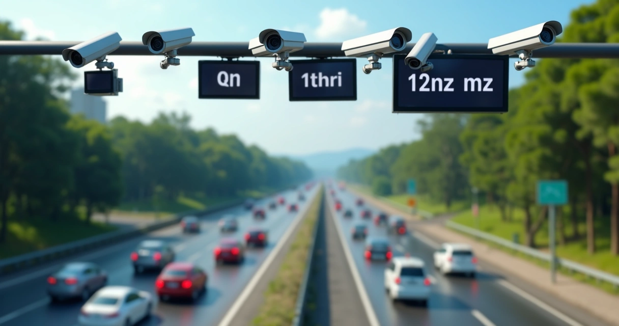 Câmeras de monitoramento em rodovia com carros passando, foco nas placas 