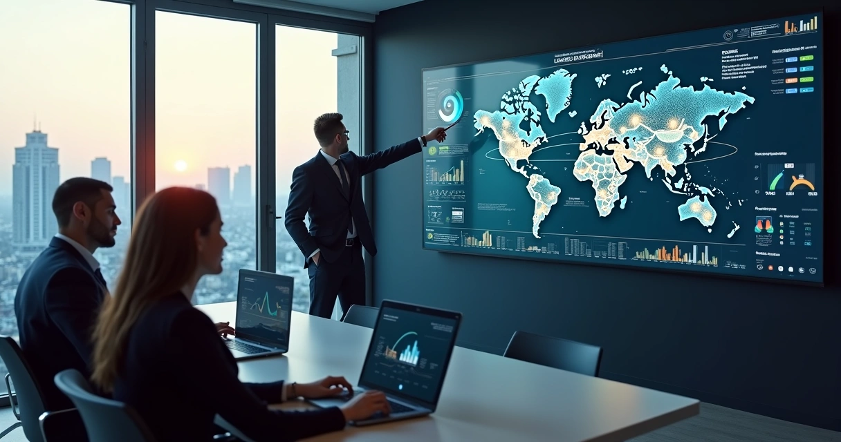 Gestor observa mapa de leads imobiliários com gráficos de desempenho em tela gigante 