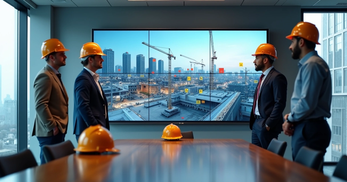 Gestores observando painel gigante com imagens e alertas de obra 