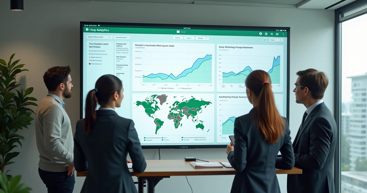 Equipe empresarial acompanhando análises de grupos WhatsApp em um dashboard digital 