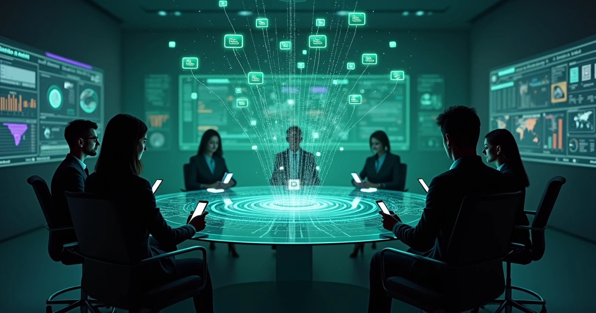 Equipe de vendas conectada por telas flutuantes simulando monitoramento de conversas no WhatsApp 