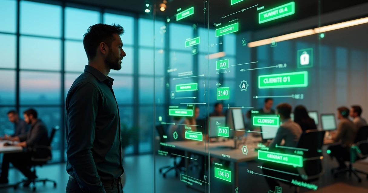 Gestor de vendas observa murais digitais com mensagens de WhatsApp e ícones de privacidade 
