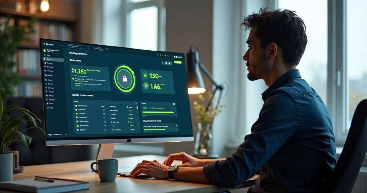 Administrador checando site WordPress seguro na tela do computador 