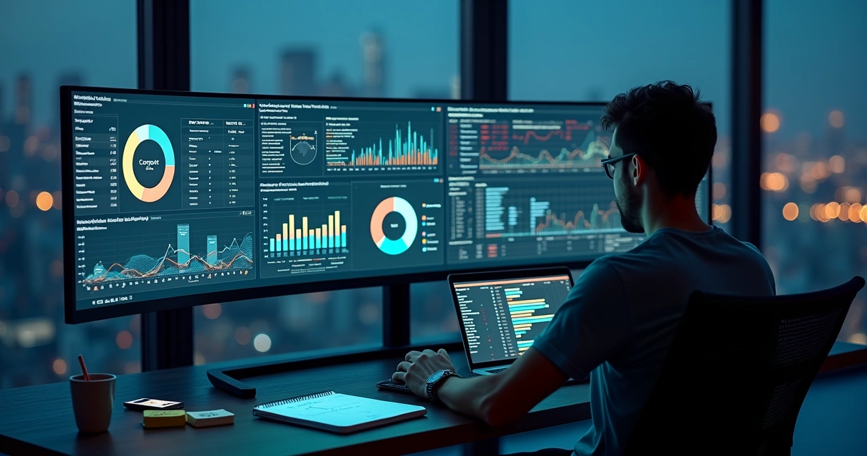 Tela com gráficos de custos de hospedagem e servidor em nuvem sendo analisados por profissional de tecnologia 